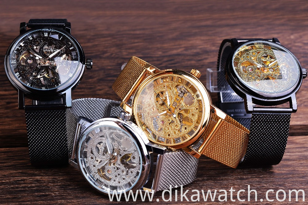 Top Brand Winner Thin Case Full Golden Watch Openwork Clock Mesh Band Men's Mechanical Watches Luminous Hands Relogio Masculino